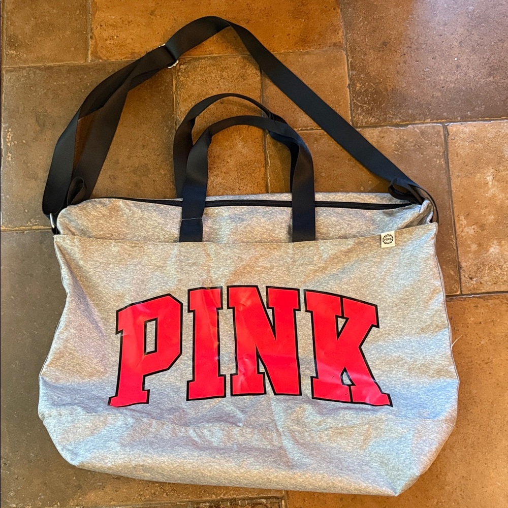 Huge Love PINK Victoria’s Secret Duffle Tote Travel Bag Gray & Neon Pink